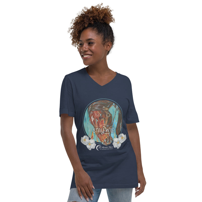 Stay Wild Unisex Short Sleeve V-Neck T-Shirt in Navy